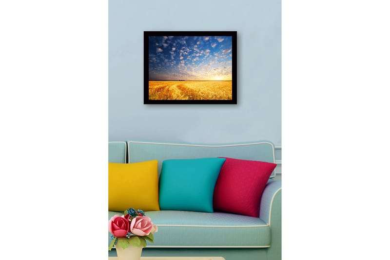 Inramad Canvastavla i trä - 41x56 cm - Vacker solnedgång över ett gyllene fält av vete - Guld / Blå / Vit - Inredning & dekor - Tavlor & konst