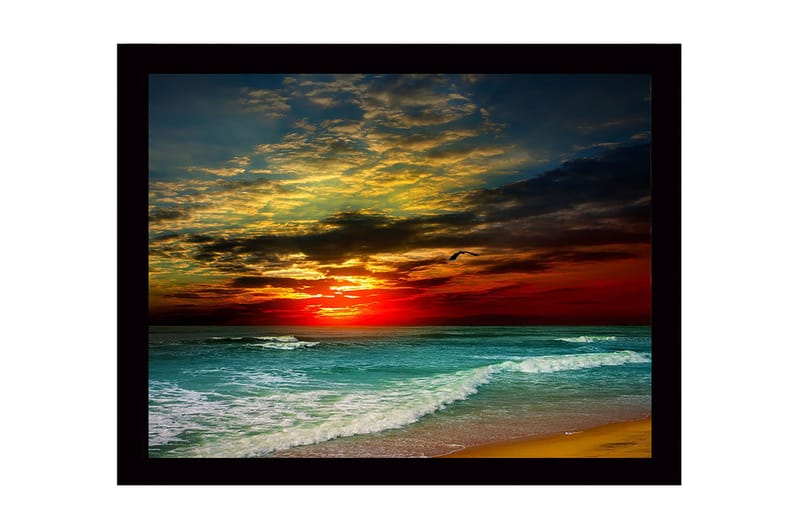Inramad Canvastavla i trä - 41x56 cm - Vacker solnedgång över havet med dramatiska molnformationer - Mörkröd / Turkos / Gyllene - Inredning & dekor - Tavlor & konst
