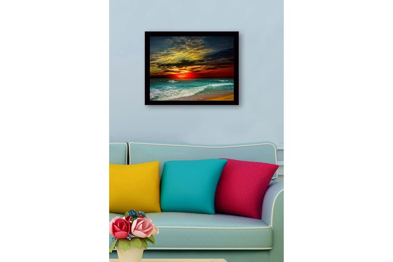 Inramad Canvastavla i trä - 41x56 cm - Vacker solnedgång över havet med dramatiska molnformationer - Mörkröd / Turkos / Gyllene - Inredning & dekor - Tavlor & konst