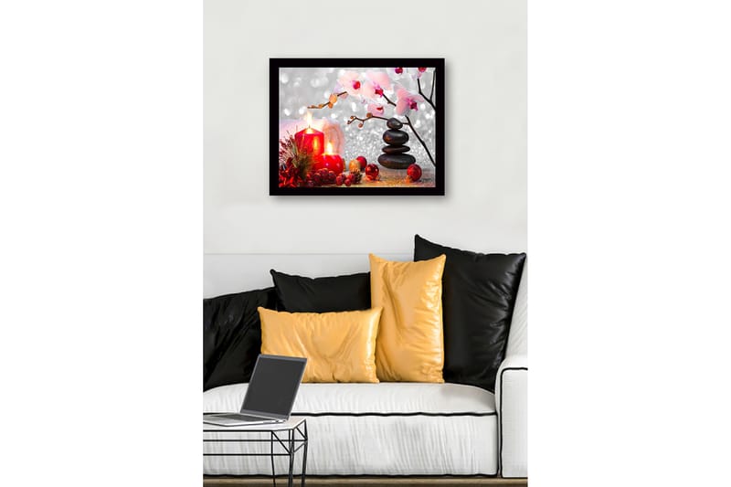 Inramad Canvastavla i trä - 41x56 cm - Vacker stillhet med ljus, blommor och stenar - Röd / Svart / Rosa - Inredning & dekor - Tavlor & konst