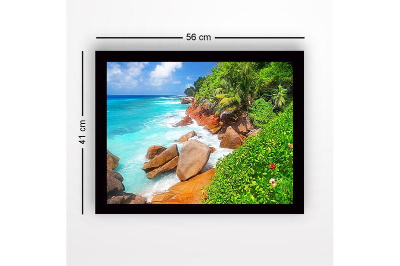 Inramad Canvastavla i trä - 41x56 cm - Vacker strand med klippor och turkost vatten - Turkos / Grön / Beige - Inredning & dekor - Tavlor & konst