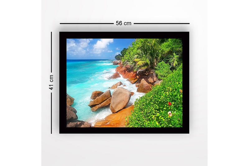 Inramad Canvastavla i trä - 41x56 cm - Vacker strand med klippor och turkost vatten - Turkos / Grön / Beige - Inredning & dekor - Tavlor & konst