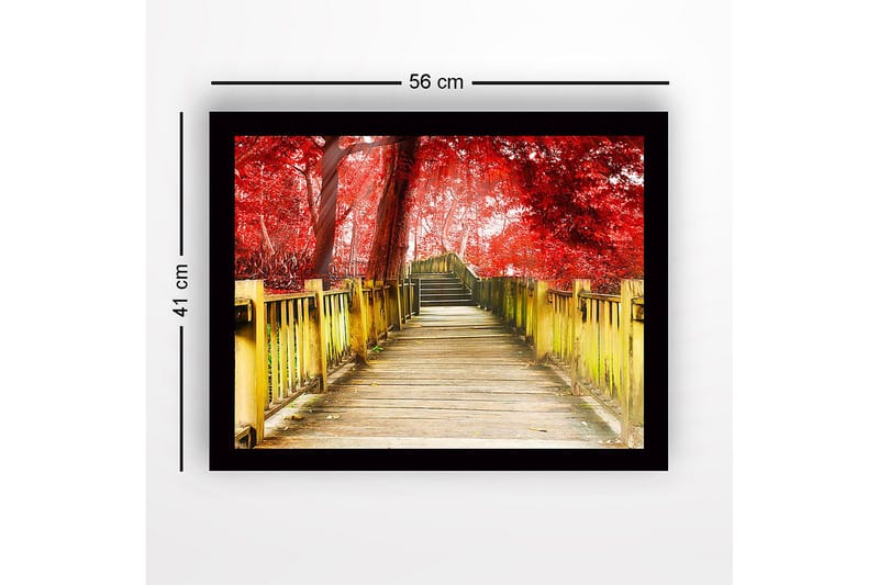 Inramad Canvastavla i trä - 41x56 cm - Vacker träbro omgiven av röda träd i en höstlig miljö - Röd / Gul / Brun - Inredning & dekor - Tavlor & konst