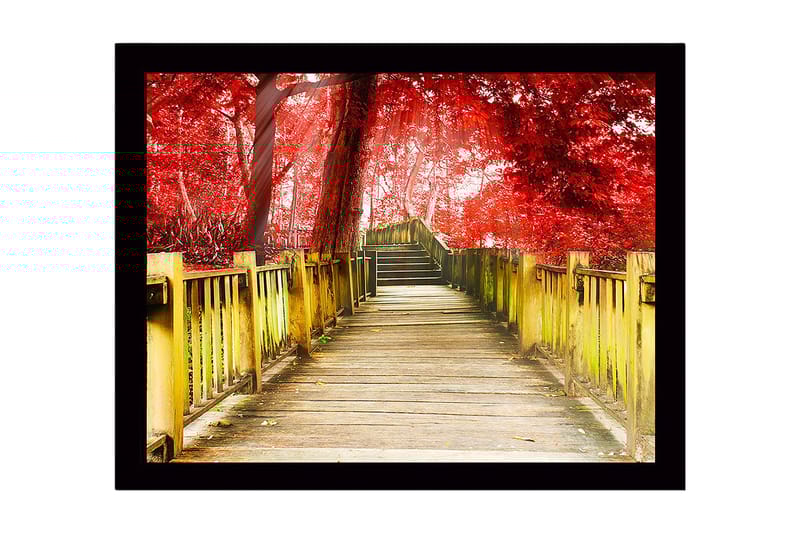 Inramad Canvastavla i trä - 41x56 cm - Vacker träbro omgiven av röda träd i en höstlig miljö - Röd / Gul / Brun - Inredning & dekor - Tavlor & konst