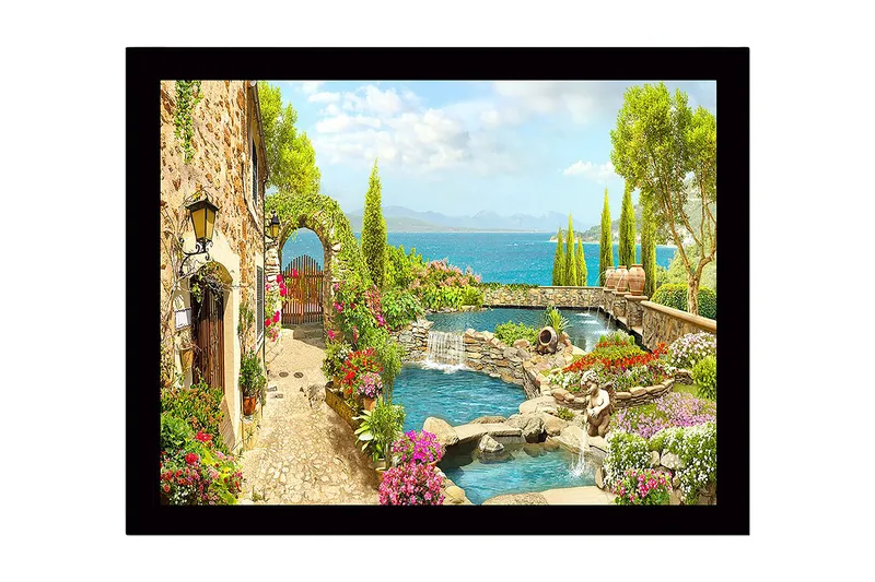 Inramad Canvastavla i trä - 41x56 cm - Vacker trädgård med blomsterarrangemang och en stilla vattenyta, Grön / Rosa / Blå