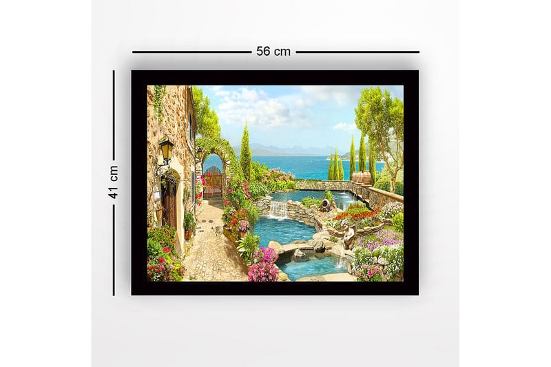 Inramad Canvastavla i trä - 41x56 cm - Vacker trädgård med blomsterarrangemang och en stilla vattenyta - Grön / Rosa / Blå - Inredning & dekor - Tavlor & konst