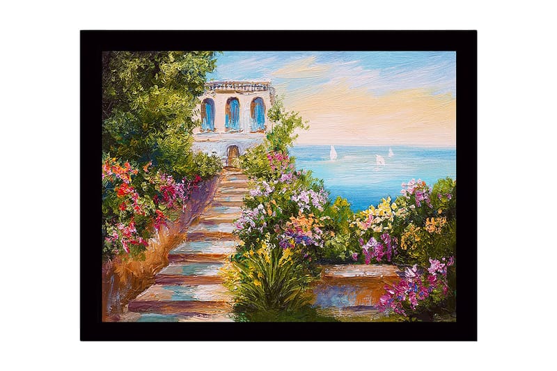 Inramad Canvastavla i trä - 41x56 cm - Vacker trädgård med en stig som leder mot havet och en byggnad i bakgrunden - Grön / Rosa / Blå - Inredning & dekor - Tavlor & konst