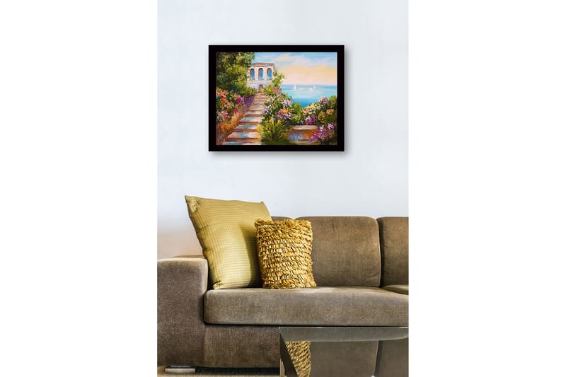 Inramad Canvastavla i trä - 41x56 cm - Vacker trädgård med en stig som leder mot havet och en byggnad i bakgrunden - Grön / Rosa / Blå - Inredning & dekor - Tavlor & konst