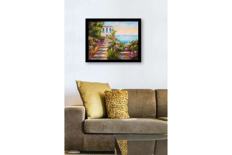 Inramad Canvastavla i trä - 41x56 cm - Vacker trädgård med en stig som leder mot havet och en byggnad i bakgrunden - Grön / Rosa / Blå - Inredning & dekor - Tavlor & konst