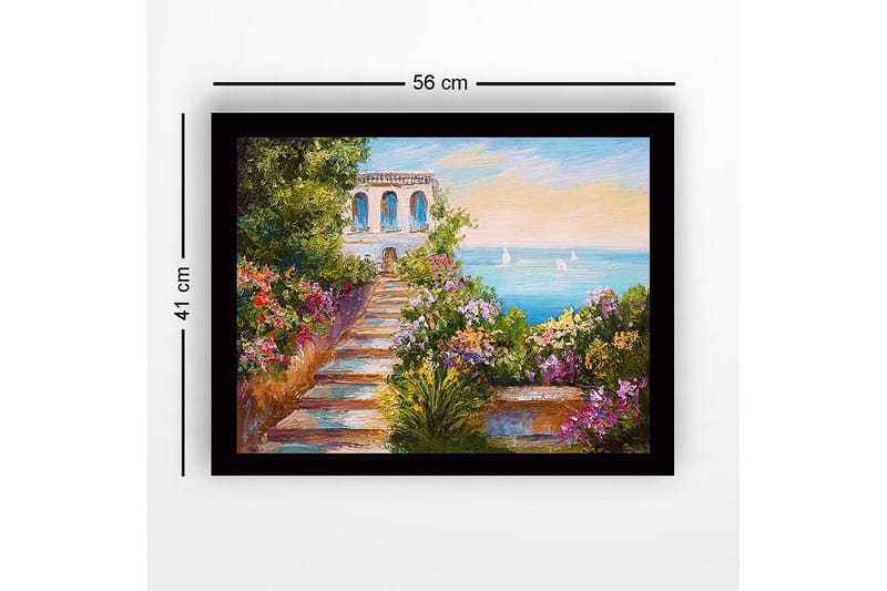 Inramad Canvastavla i trä - 41x56 cm - Vacker trädgård med en stig som leder mot havet och en byggnad i bakgrunden - Grön / Rosa / Blå - Inredning & dekor - Tavlor & konst