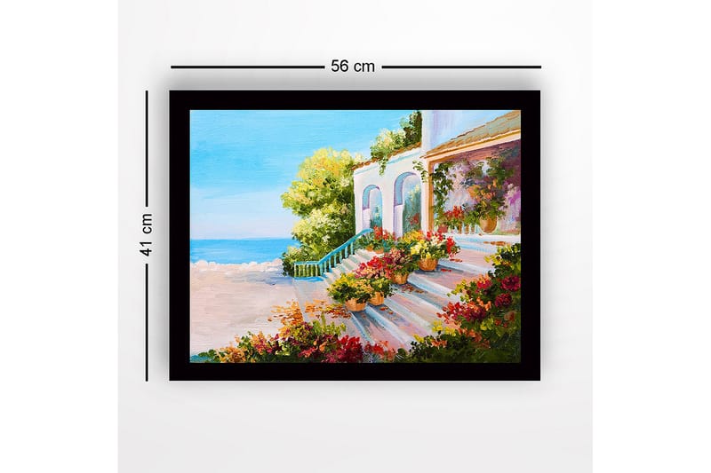 Inramad Canvastavla i trä - 41x56 cm - Vacker trappa med blomkrukor i en solig kustmiljö - Grön / Rosa / Blå - Inredning & dekor - Tavlor & konst