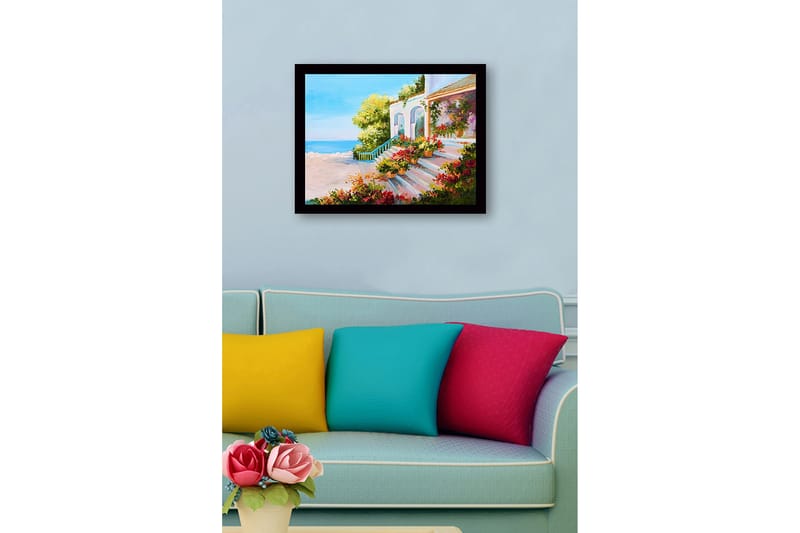 Inramad Canvastavla i trä - 41x56 cm - Vacker trappa med blomkrukor i en solig kustmiljö - Grön / Rosa / Blå - Inredning & dekor - Tavlor & konst