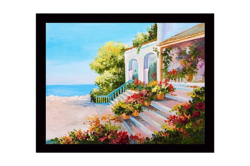 Inramad Canvastavla i trä - 41x56 cm - Vacker trappa med blomkrukor i en solig kustmiljö - Grön / Rosa / Blå - Inredning & dekor - Tavlor & konst