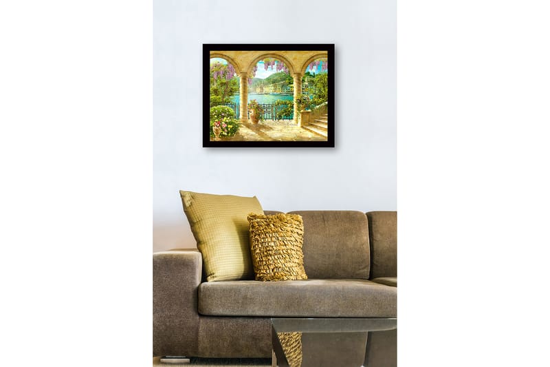 Inramad Canvastavla i trä - 41x56 cm - Vacker utsikt genom valv med blommor och havet i bakgrunden - Lila / Grön / Guld - Inredning & dekor - Tavlor & konst