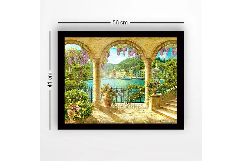 Inramad Canvastavla i trä - 41x56 cm - Vacker utsikt genom valv med blommor och havet i bakgrunden - Lila / Grön / Guld - Inredning & dekor - Tavlor & konst