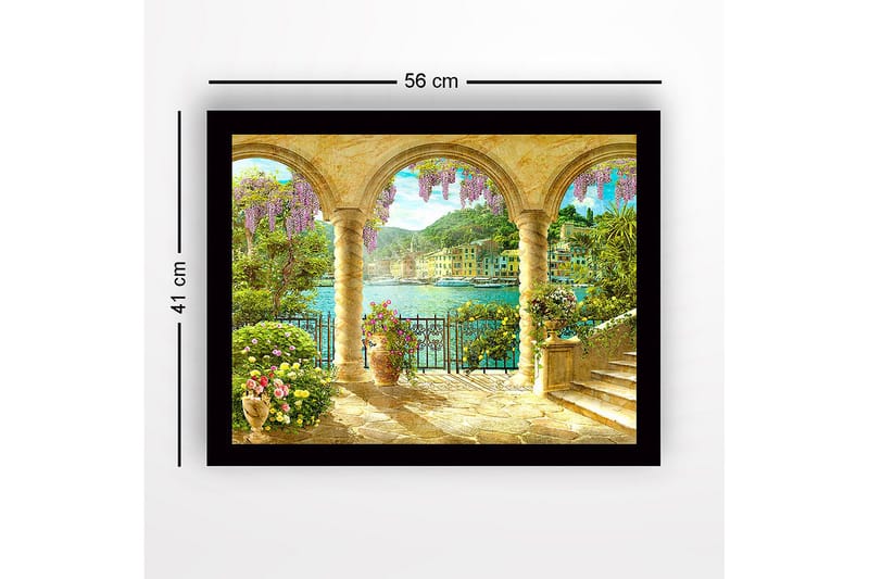 Inramad Canvastavla i trä - 41x56 cm - Vacker utsikt genom valv med blommor och havet i bakgrunden - Lila / Grön / Guld - Inredning & dekor - Tavlor & konst