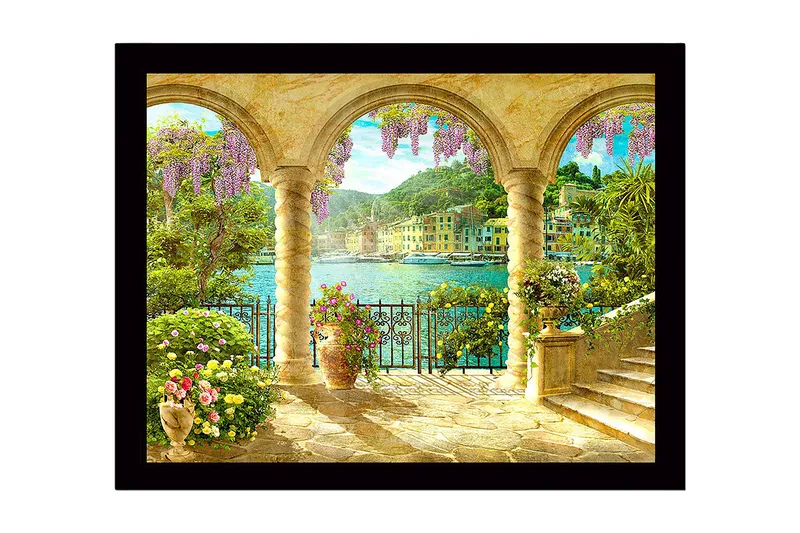 Inramad Canvastavla i trä - 41x56 cm - Vacker utsikt genom valv med blommor och havet i bakgrunden, Lila / Grön / Guld