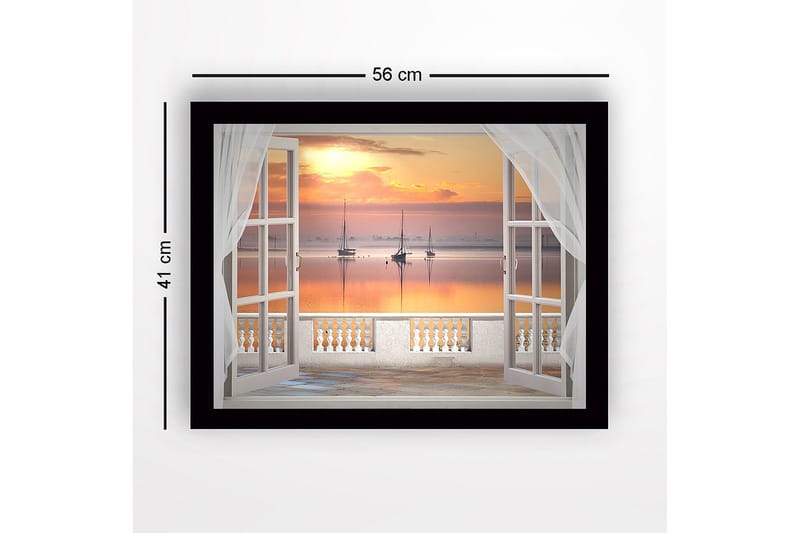 Inramad Canvastavla i trä - 41x56 cm - Vacker utsikt över segelbåtar vid solnedgången genom ett öppet fönster - Orange / Rosa / Blå - Inredning & dekor - Tavlor & konst