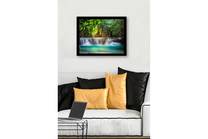 Inramad Canvastavla i trä - 41x56 cm - Vacker vattenfall i en grönskande skogsmiljö - Grön / Turkos / Brun - Inredning & dekor - Tavlor & konst