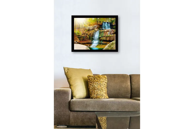 Inramad Canvastavla i trä - 41x56 cm - Vacker vattenfall i en höstlig skogsmiljö - Grön / Orange / Blå - Inredning & dekor - Tavlor & konst