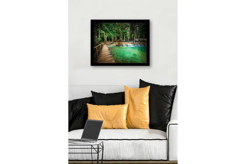 Inramad Canvastavla i trä - 41x56 cm - Vacker vattenfall med grönskande omgivning - Grön / Turkos / Brun - Inredning & dekor - Tavlor & konst