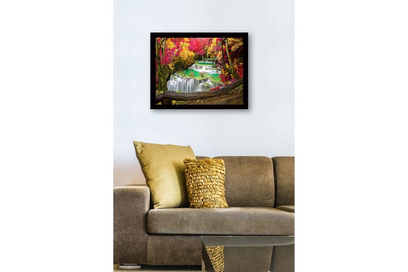 Inramad Canvastavla i trä - 41x56 cm - Vacker vattenfall med omgivande höstfärger - Röd / Gul / Turkos - Inredning & dekor - Tavlor & konst