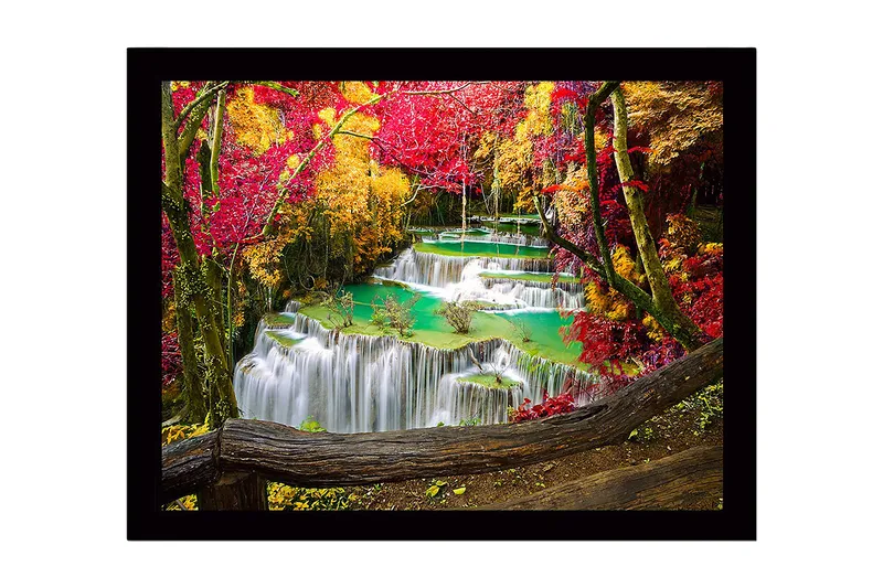 Inramad Canvastavla i trä - 41x56 cm - Vacker vattenfall med omgivande höstfärger, Röd / Gul / Turkos