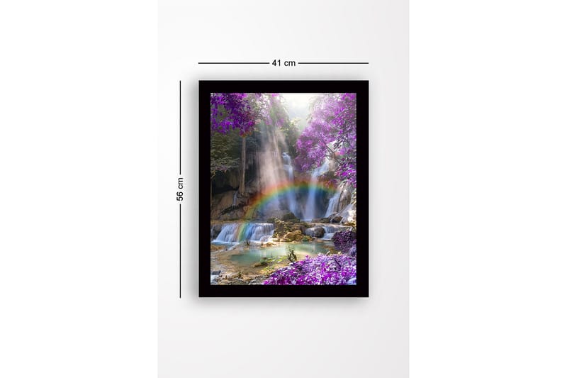 Inramad Canvastavla i trä - 41x56 cm - Vacker vattenfall med regnbåge omgiven av lila blommor och grönskande träd - Lila / Grön / Blå - Inredning & dekor - Tavlor & konst