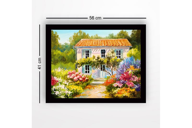 Inramad Canvastavla i trä - 41x56 cm - Vacker villa omgiven av blomstrande trädgård - Grön / Rosa / Gul - Inredning & dekor - Tavlor & konst