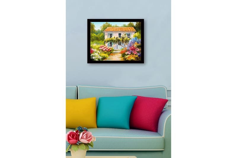 Inramad Canvastavla i trä - 41x56 cm - Vacker villa omgiven av blomstrande trädgård - Grön / Rosa / Gul - Inredning & dekor - Tavlor & konst