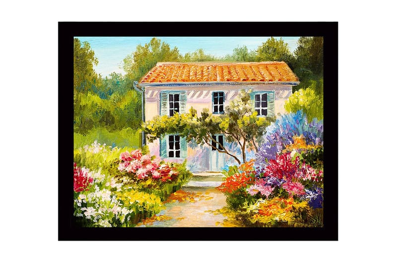 Inramad Canvastavla i trä - 41x56 cm - Vacker villa omgiven av blomstrande trädgård, Grön / Rosa / Gul