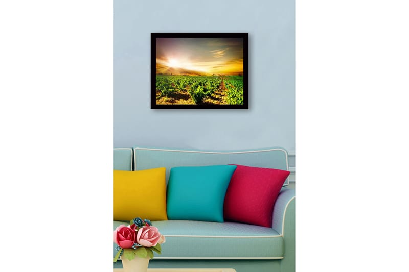 Inramad Canvastavla i trä - 41x56 cm - Vacker vinodling under en soluppgång - Grön / Gul / Orange - Inredning & dekor - Tavlor & konst
