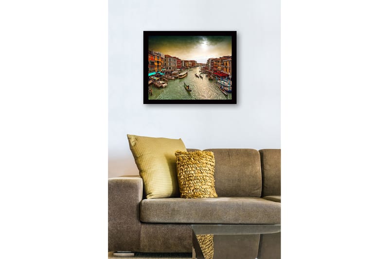 Inramad Canvastavla i trä - 41x56 cm - Vacker vy över en kanal i Venedig med färgglada byggnader och gondoler - Grön / Orange / Blå - Inredning & dekor - Tavlor & konst