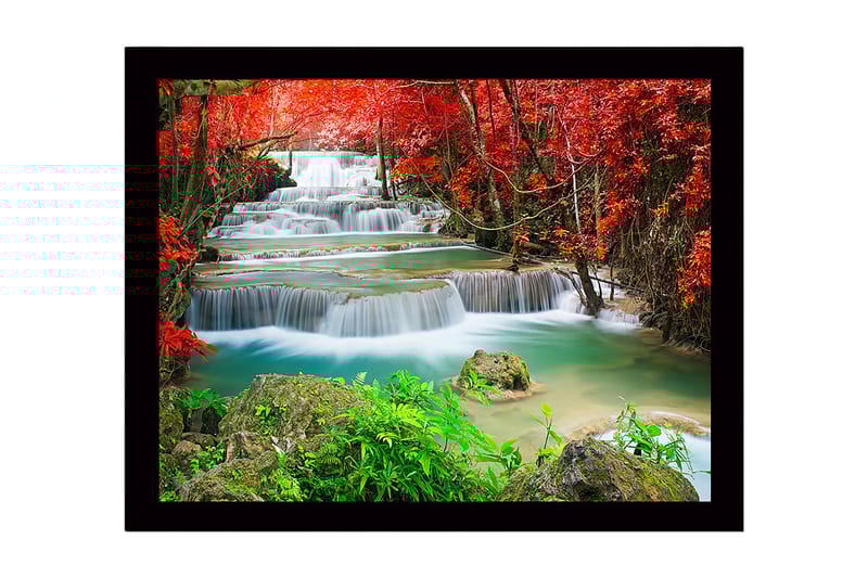 Inramad Canvastavla i trä - 41x56 cm - Vackra vattenfall omgivna av rödbladig vegetation - Röd / Grön / Turkos - Inredning & dekor - Tavlor & konst