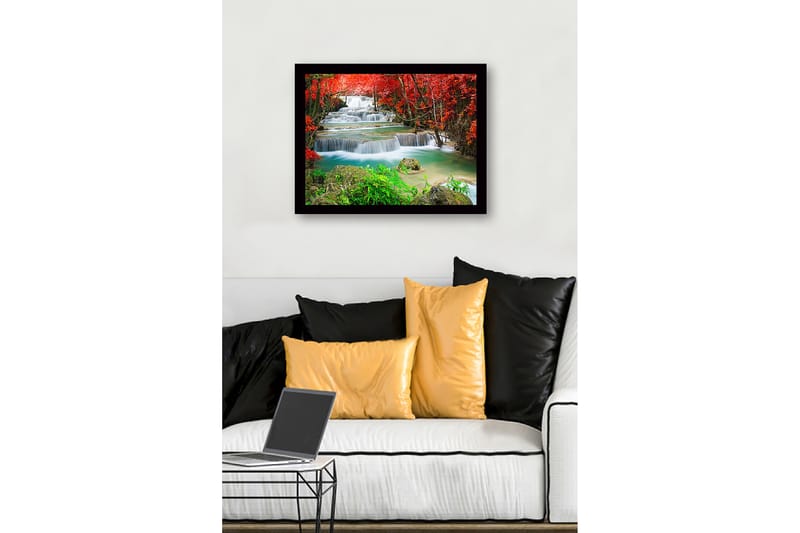 Inramad Canvastavla i trä - 41x56 cm - Vackra vattenfall omgivna av rödbladig vegetation - Röd / Grön / Turkos - Inredning & dekor - Tavlor & konst