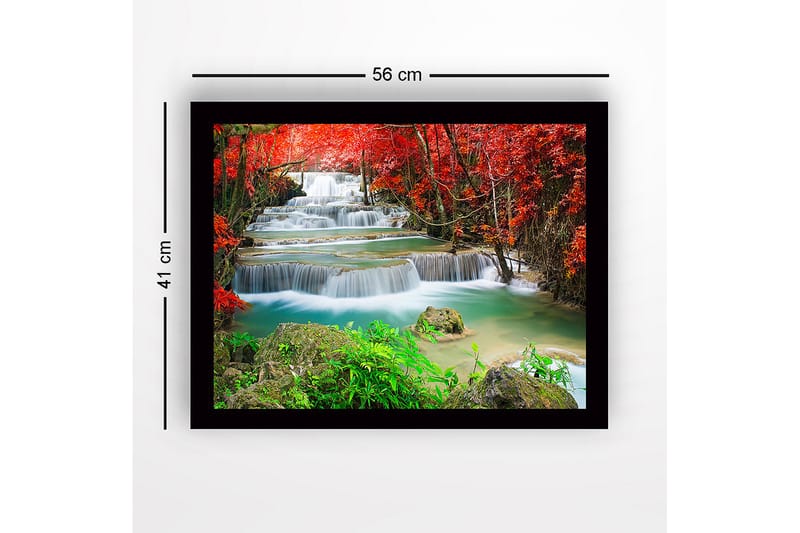 Inramad Canvastavla i trä - 41x56 cm - Vackra vattenfall omgivna av rödbladig vegetation - Röd / Grön / Turkos - Inredning & dekor - Tavlor & konst