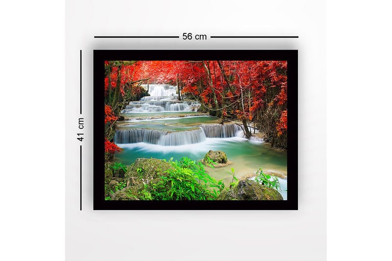 Inramad Canvastavla i trä - 41x56 cm - Vackra vattenfall omgivna av rödbladig vegetation - Röd / Grön / Turkos - Inredning & dekor - Tavlor & konst
