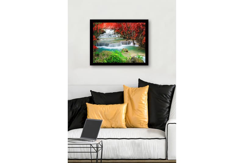 Inramad Canvastavla i trä - 41x56 cm - Vackra vattenfall omgivna av rödbladig vegetation - Röd / Grön / Turkos - Inredning & dekor - Tavlor & konst