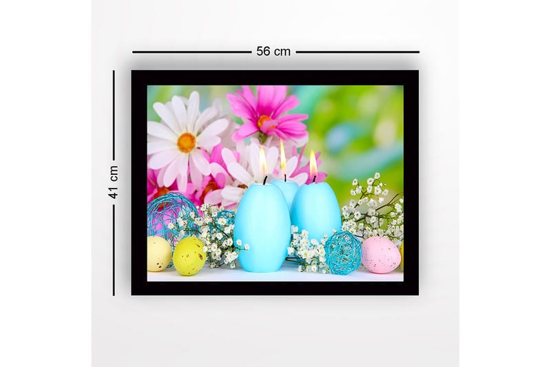 Inramad Canvastavla i trä - 41x56 cm - Vårig stillhet med ljusblåa ljus och färgglada påskägg - Ljusblå / Rosa / Gul - Inredning & dekor - Tavlor & konst