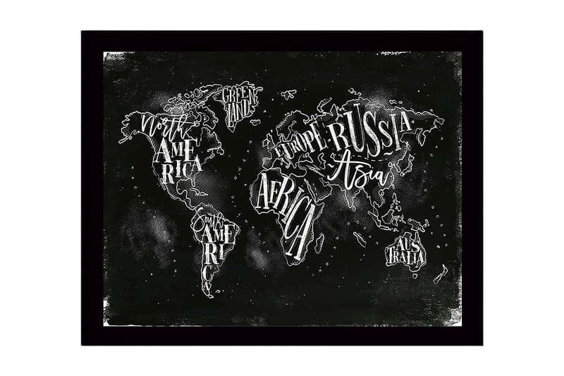 Inramad Canvastavla i trä - 41x56 cm - Världskarta med handskrivna namn på kontinenter och länder, Svart / Vit