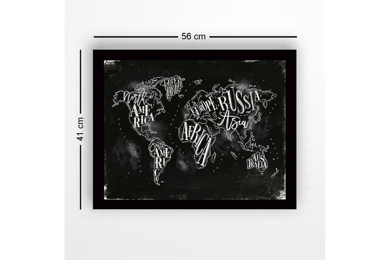 Inramad Canvastavla i trä - 41x56 cm - Världskarta med handskrivna namn på kontinenter och länder - Svart / Vit - Inredning & dekor - Tavlor & konst