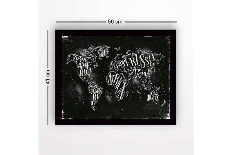 Inramad Canvastavla i trä - 41x56 cm - Världskarta med handskrivna namn på kontinenter och länder - Svart / Vit - Inredning & dekor - Tavlor & konst