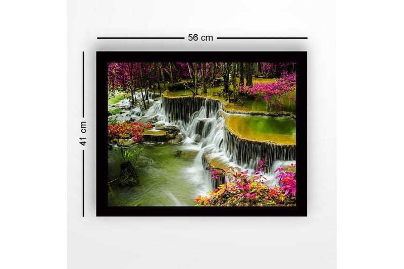 Inramad Canvastavla i trä - 41x56 cm - Vattenfall omgiven av färgglada blommor och grönska - Grön / Rosa / Gul - Inredning & dekor - Tavlor & konst
