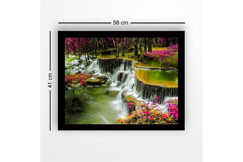 Inramad Canvastavla i trä - 41x56 cm - Vattenfall omgiven av färgglada blommor och grönska - Grön / Rosa / Gul - Inredning & dekor - Tavlor & konst