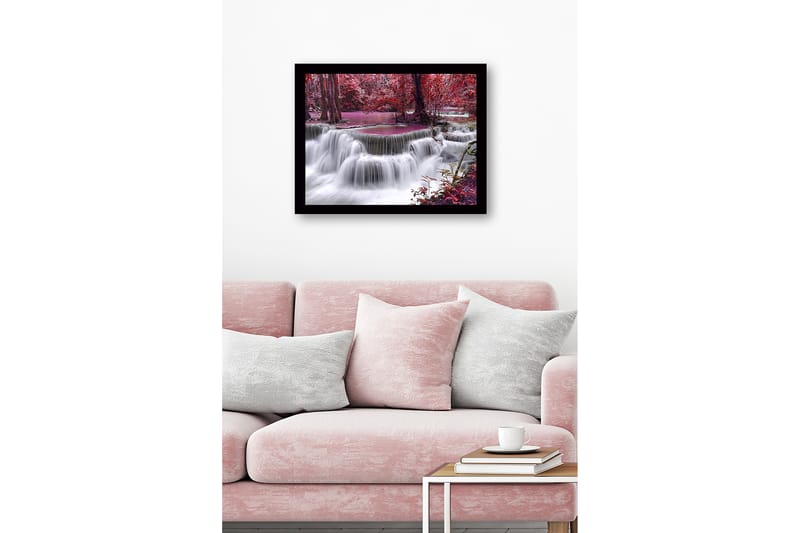 Inramad Canvastavla i trä - 41x56 cm - Vattenfall omgiven av färgglada träd och vegetation - Röd / Lila / Vit - Inredning & dekor - Tavlor & konst