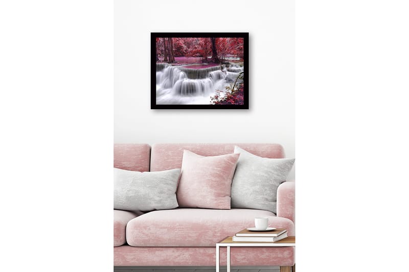 Inramad Canvastavla i trä - 41x56 cm - Vattenfall omgiven av färgglada träd och vegetation - Röd / Lila / Vit - Inredning & dekor - Tavlor & konst