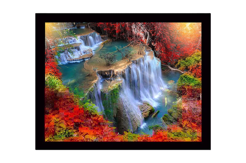 Inramad Canvastavla i trä - 41x56 cm - Vattenfall omgivna av färgglada höstlöv - Röd / Grön / Blå - Inredning & dekor - Tavlor & konst