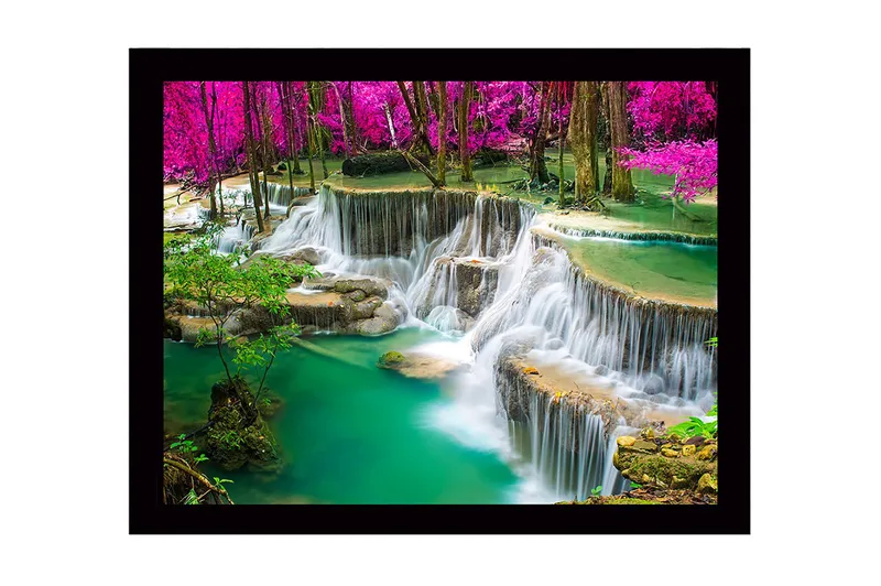 Inramad Canvastavla i trä - 41x56 cm - Vattenfall omgivna av frodig grönska och rosa träd, Turkos / Grön / Rosa