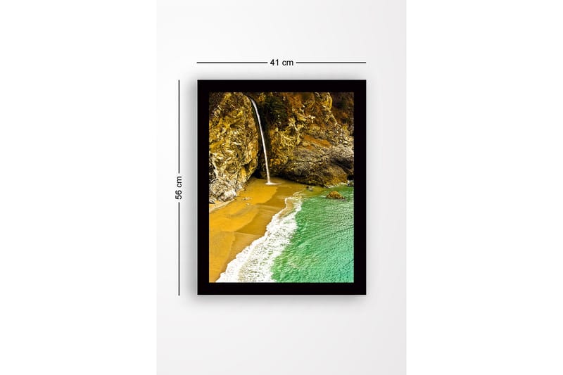Inramad Canvastavla i trä - 41x56 cm - Vattenfall som rinner ner i en strandvik omgiven av klippor - Guld / Turkos / Grå - Inredning & dekor - Tavlor & konst