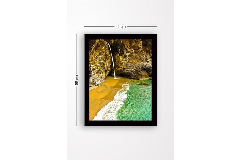 Inramad Canvastavla i trä - 41x56 cm - Vattenfall som rinner ner i en strandvik omgiven av klippor - Guld / Turkos / Grå - Inredning & dekor - Tavlor & konst